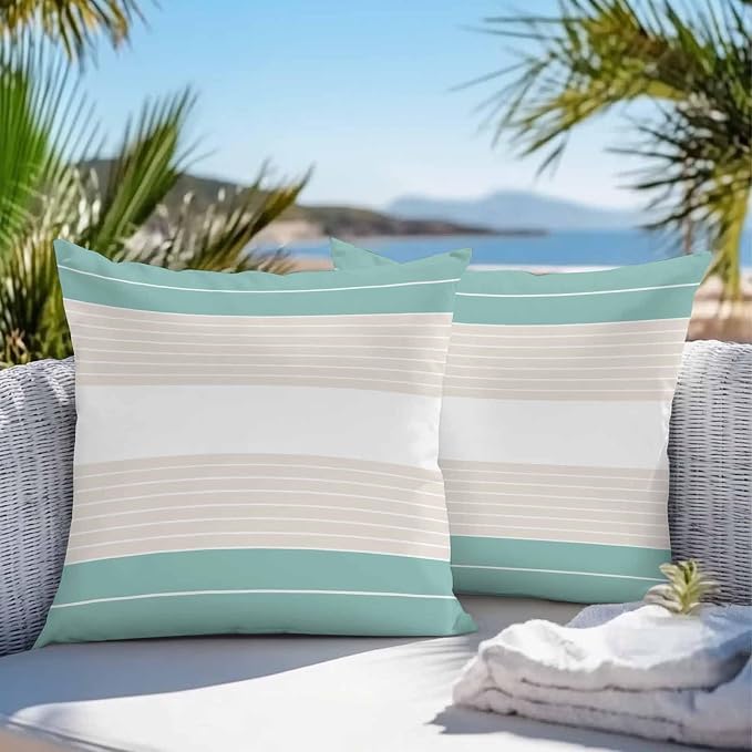 Turquoise Beige Stripe Outdoor Pillow Covers Waterproof, All Weather Cushion Case Set of 2, Modern Art Horizontal Striped Decorative Pillowcases for Sofa Couch Bed Decor Patio Furniture 16"x16"