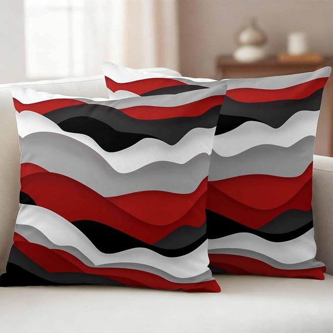 Ocean Waves Outdoor Waterproof Throw Pillow Covers Set of 2, 18"x18", Black Red Wave Gradient Decorative Pillow Covers Outside Cushion Case for Patio Porch Garden