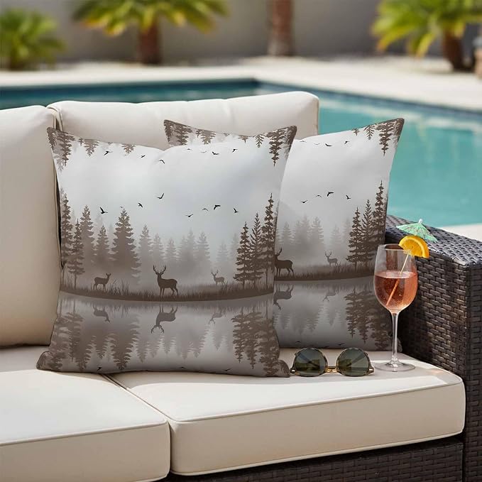 Yukro Brown Nature Landscape Outdoor Waterproof Pillow Covers Pack of 2, Deer Misty Lake Foggy Forest Birds Throw Pillowcases Decorative Cushion Covers for Garden Patio Tent Sofa Couch, 16x16 inch