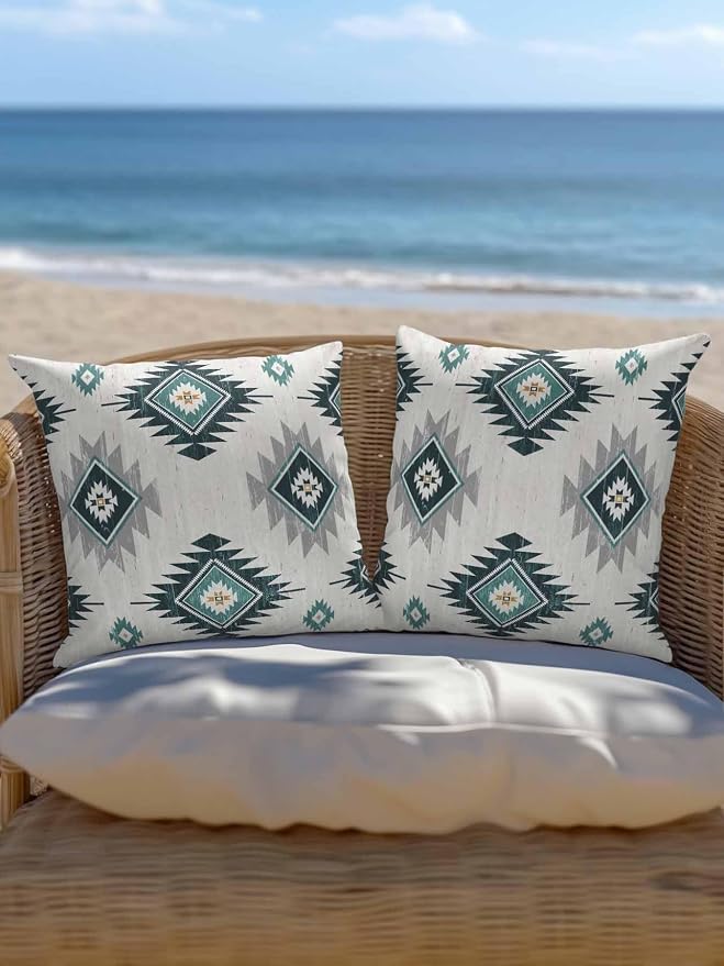 Waterproof Outdoor Pillow Set of 2 Turquoise Boho Aztec Decorative Throw Pillows Cover & Insert 16x16 Inch Pillowcase Southwest Tribal Style Pillows for Couch Sofa Bed Patio Furniture Indoor Outdoor