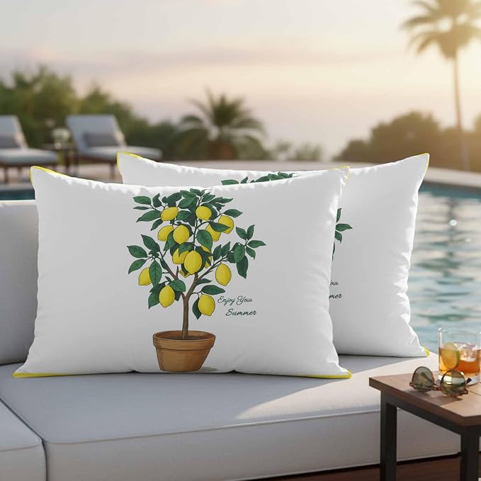Summer Yellow Lemons Outdoor Waterproof Pillow Covers Set of 2, Green Leaf Botanical Garden Frame Pillowcase Decorative Throw Cushion Cases for Patio Garden Couch 20 x 12 Inches