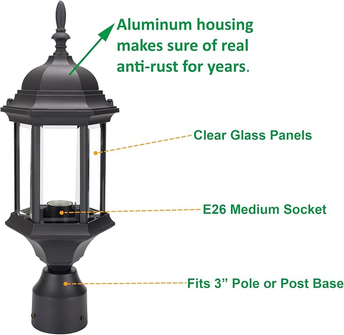 Outdoor Post Light, Rustproof Aluminum Pole Lamp, Black | Exterior Lamp Post Light Fixture for Garden, Yard, Pathway, Waterproof, Glass, E26 Base, Max 60W, 1 Pack