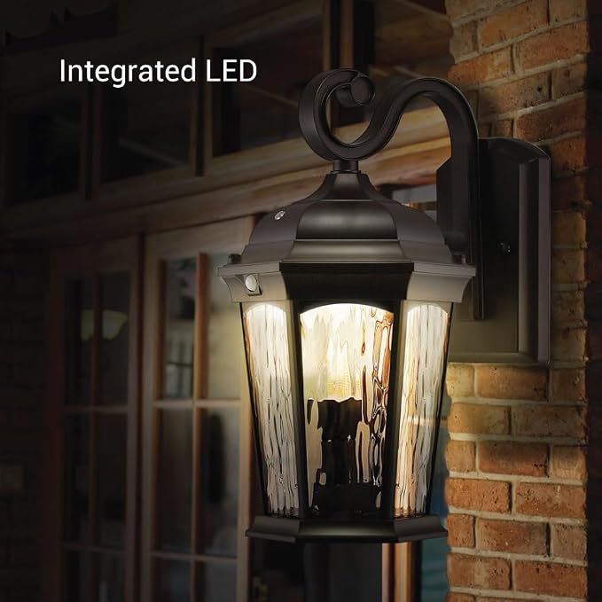 Euri Lighting EFL-130W-MD Flickering Flame Porch Light, Water Glass, with Integrated Security Light (3000K), Motion-Sensor, Dusk-to-Dawn, Oil Rubbed Bronze Housing | Integrated Security Light (3000K), Dusk-to-dawn, Water Glass, Oil Rubbed Bronze Housing