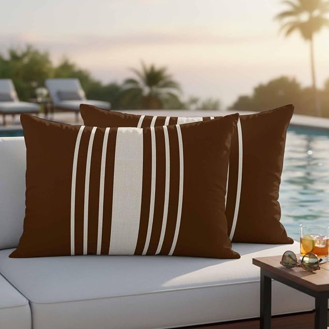 Brown Beige Striped Outdoor Pillow Covers 20x12 Inch Lumbar Pillow Covers Set of 2 Waterproof Decorative Throw Pillow Cases Modern Farmhouse Retro Lines Cushion Covers for Patio Furniture Garden Couch