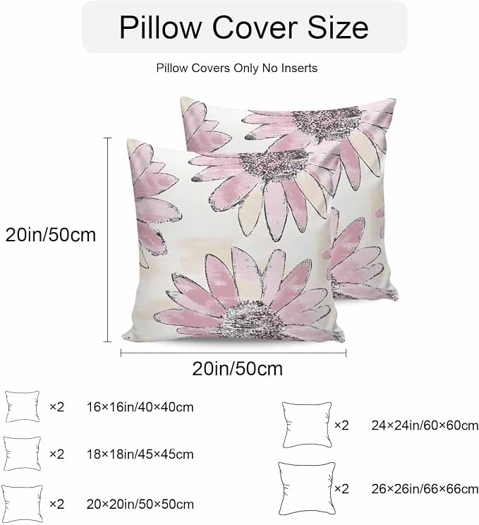 Vandarllin Outdoor Throw Pillows Covers 18x18 inch Set of 2 Waterproof Pink Sunflower Decorative Zippered Cushion Covers for Patio Furniture, Flower Field Lumbar Pillowcases