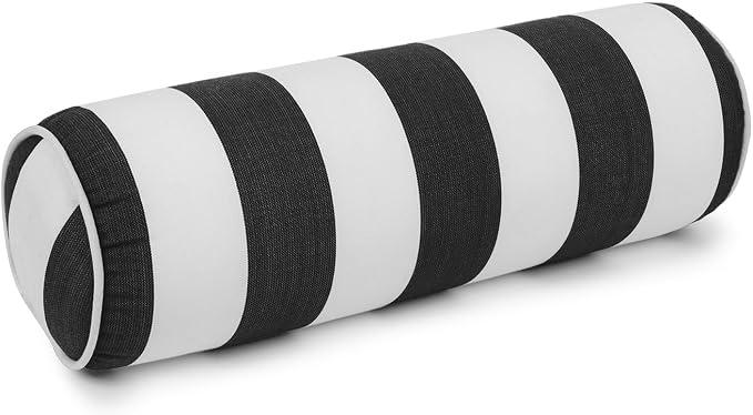 Sherry Kline Cabana Stripe Set of 2 Neck roll Bolster Pillows, Zippered Removable Cover with Corded Trim, 6x18 Inch Cylinder Outdoor Indoor Cushion, Foam Insert, Made in USA - Black/White