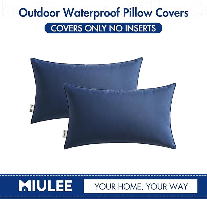 MIULEE Decorative Outdoor Waterproof Pillow Covers 12x20 Navy Blue | Decorative Patio Furniture,Pack of 2,Accent Lumbar Soild Throw Pillow Covers,Summer Garden Tent Couch Sofa