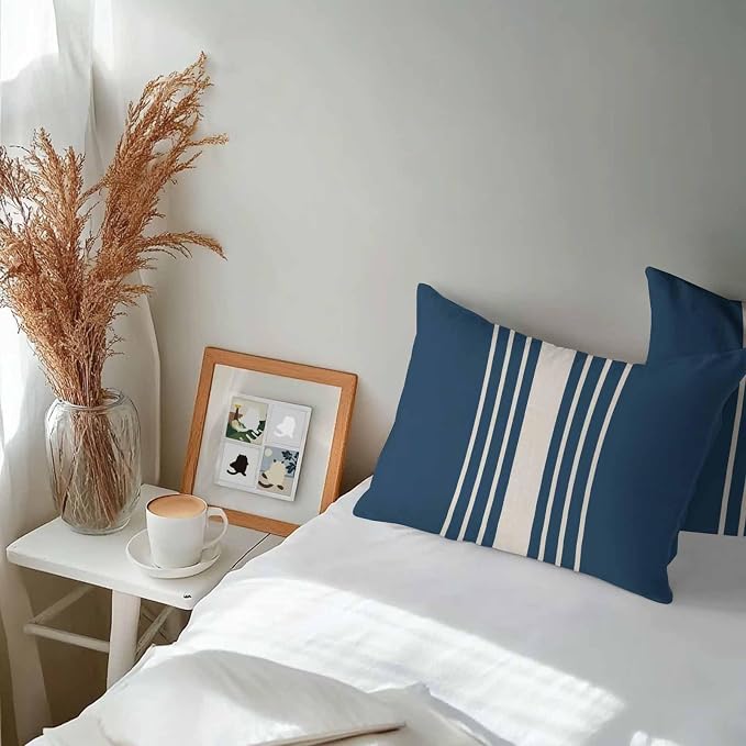 Lumbar Pillow Covers 20x12 Inch Set of 2, Navy Blue Beige Striped Waterproof Outdoor Cushion Covers, Modern Farmhouse Retro Lines Decorative Pillowcases for Couch, Sofa, Bed, Garden, Patio