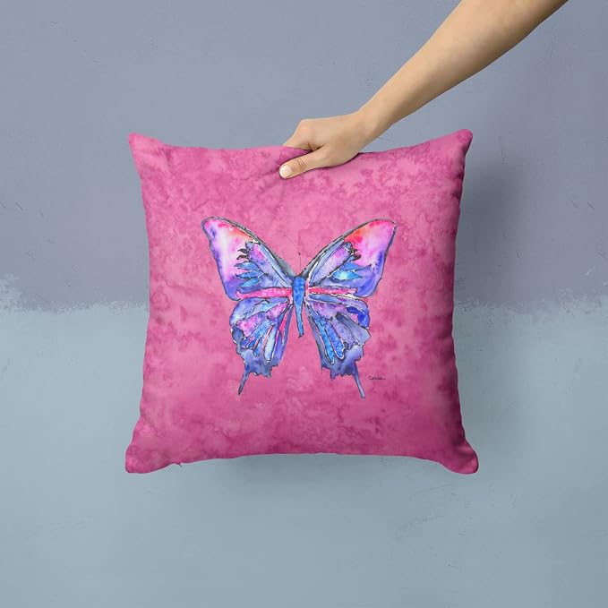 Caroline's Treasures 8859PW1414 Butterfly on Pink Fabric Decorative Pillow Machine Washable, Indoor Outdoor Decorative Pillow for Couch, Bed or Patio, 14Hx14W