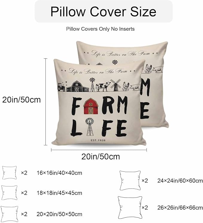 Outdoor Throw Pillows Covers 26x26 inch Set of 2 Waterproof Farm Life Decorative Zippered Cushion Covers for Patio Furniture, Retro Farmhouse Red Barn Windmill Cow Chicken Tractors Lumbar Pillowcases