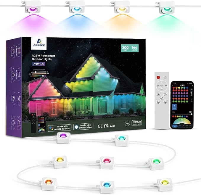 RGBW Permanent Outdoor Lights 200ft, 40LM, with 144 LED Bulbs, White | IP67 Waterproof, 111 Scene Modes, 2700K Warm White, Music Sync, Individual Control, Eave Lights Compatible with Alexa
