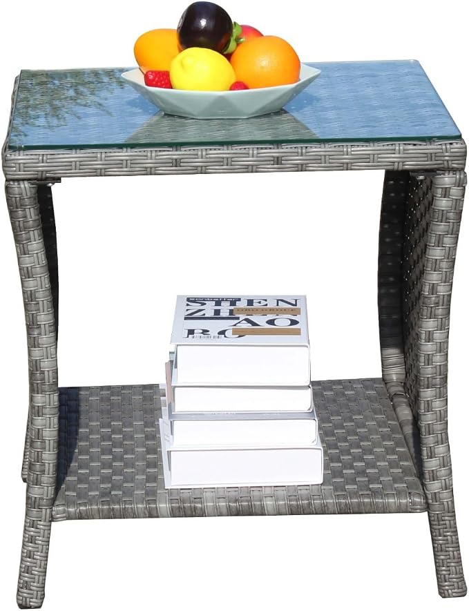 Rattan Side Table with Glass Top, Outdoor Wicker End Table for Patio, Porch, Garden, 19.25" Square, 21" Tall, 120 Lbs Capacity, Weather-Resistant PE Rattan, Easy Assembly