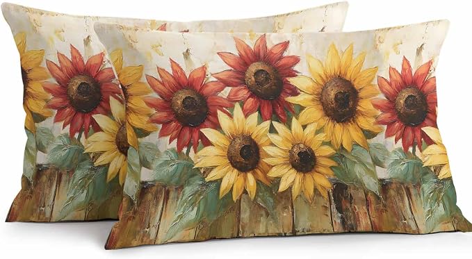 Retro Farmhouse Red Yellow Sunflower Outdoor Pillow Covers 20x12in Pack of 2 Waterproof Pillowcase Vintage Rustic Wood Floral Decorative Throw Cushion Case for Patio Couch Sofa