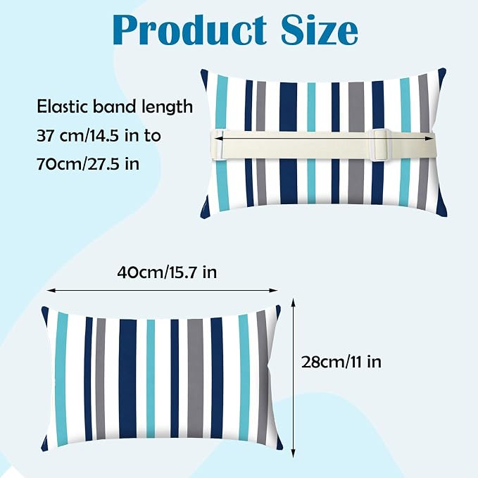 Chaise Lounge Head Pillow Oudoor Patio Pillow with Elastic Strap | 2 Pack Water Resistant Headrest Pillows for Recliner, Beach Chair, Office Chair, Stripes