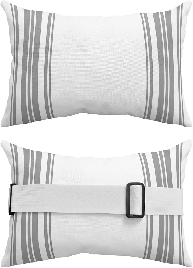 Outdoor Pillows Covers with Inserts Colorful Stripes Gray Wood Texture White Waterproof Recliner Pillow with Adjustable Strap Throw Pillows for Patio Furniture Pool Lounge Chair, 12x20 inch, 1PCS