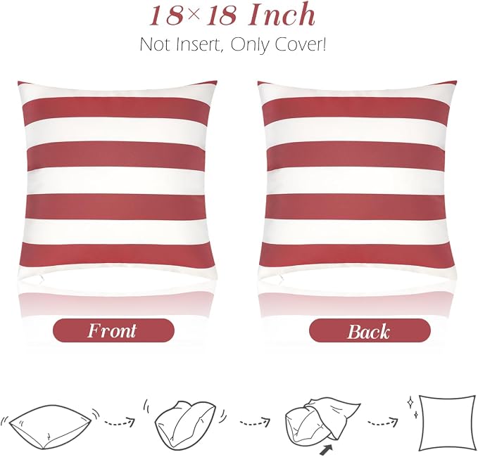 Lewondr 2 Pack Outdoor Throw Pillow Covers, 18"x18", Red + White | Square Stripe, Waterproof, For Outdoor Patio Porch Farmhouse Garden Balcony Couch, 45x45cm