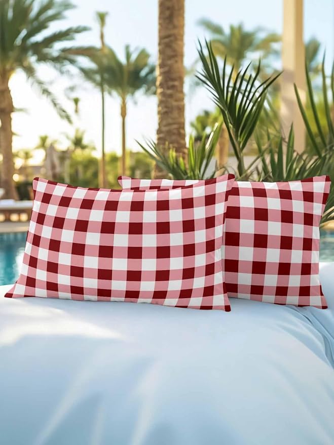 Waterproof Outdoor Pillow Set of 2 Red Check Buffalo Plaid Decorative Throw Pillows Cover & Insert 20x12 Inch Lumbar Pillowcase Check Lines Pillows for Couch Sofa Bed Patio Furniture Indoor Outdoor