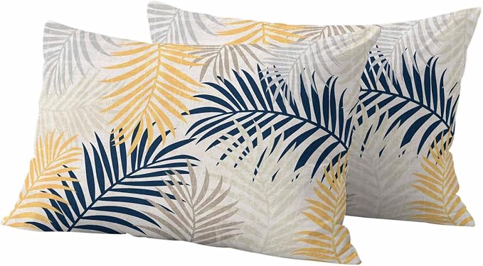 Outdoor Waterproof Throw Pillow Covers, Blue Yellow Palm Leaves Decorative Pillow Cases, Summer Botanical Tropical Leaf Couch Pillow Protector Patio Sofa Cushion Covers Replacement 20"x12" 2 Pack