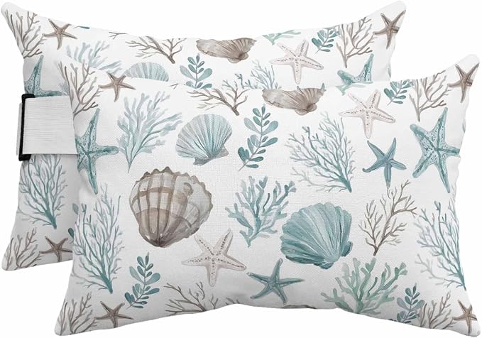 Teal Coastal Outdoor Pillows with Insert 11x16 Inch Summer Starfish Shell Coral Nautical Waterproof Headrest Pillows with Adjustable Strap Lounger Chair Throw for Patio Furnitures, 2 Pack