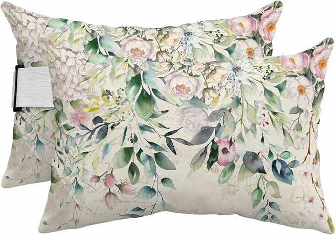 Lumbar Pillow Covers Set of 2, Eucalyptus Leaves Waterproof Outdoor Chaise Lounge Pillow Covers with Elastic Strap, Spring Floral Summer Botanical Vintage Headrest Pillowcase for Patio, 11 x 16