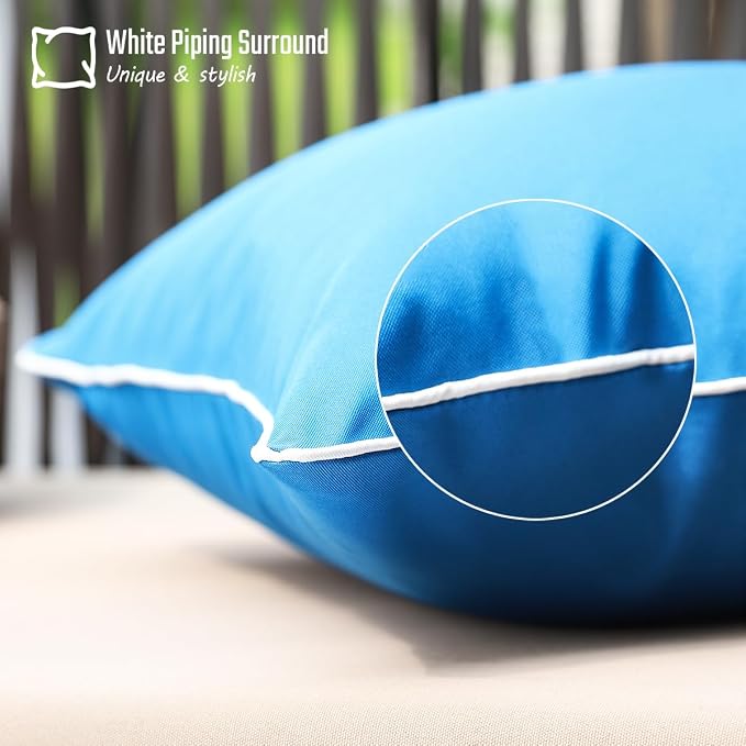 JOJOGOGO Royal Blue Outdoor Lumbar Pillow Covers 12x20 Waterproof Set of 2, Lake Blue Spring Summer Sunproof Outdoor Lumbar Pillows 12 x 20 for Patio Furniture Garden Bench (with White Piping)