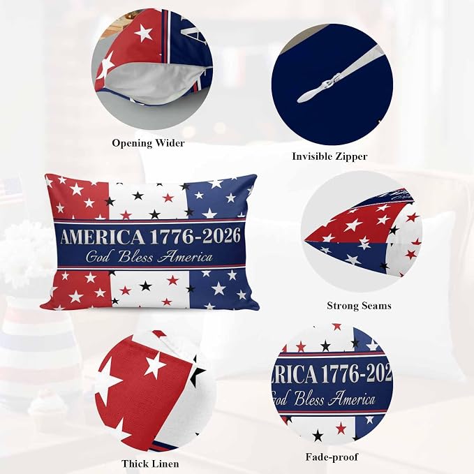 America 250th Anniversary Outdoor Pillow Covers 20"x12" Set of 2, God Bless America Patriotic Star Strip Waterproof Throw Pillow Covers for Patio Furniture, Decorative Cushion Covers for Porch