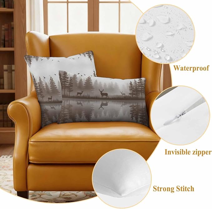 Yukro Brown Nature Landscape Outdoor Waterproof Pillow Covers Pack of 2, Deer Misty Lake Foggy Forest Birds Throw Pillowcases Decorative Cushion Covers for Garden Patio Tent Sofa Couch, 20x12 inch