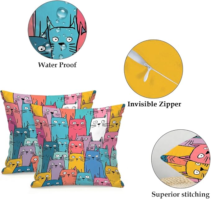 18x18 Inch Outdoor Pillow Covers Set of 2 Waterproof Throw Pillow Covers Decorative Couch Cushion Covers Colorful Cats Pattern Square Pillowcases Protectors for Patio Garden Sofa