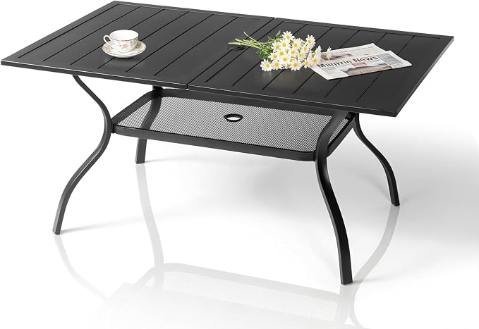 VINGLI 60" x 38" Rectangle Patio Table for 6, Metal Outdoor Dining Table with Umbrella Hole, All-Weather Steel Patio Dining Table Outdoor Table for Lawn, Garden, Backyard, Black (L60 xW38)