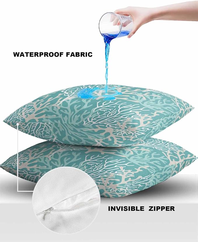 Pack of 2 Outdoor Pillow Covers 18x18 Waterproof Aqua Teal Coral Coastal Throw Pillow Covers, Decorative Pillowcases Nautical Ocean Marine Organism Cushion Covers for Patio Garden Couch Pillow Case