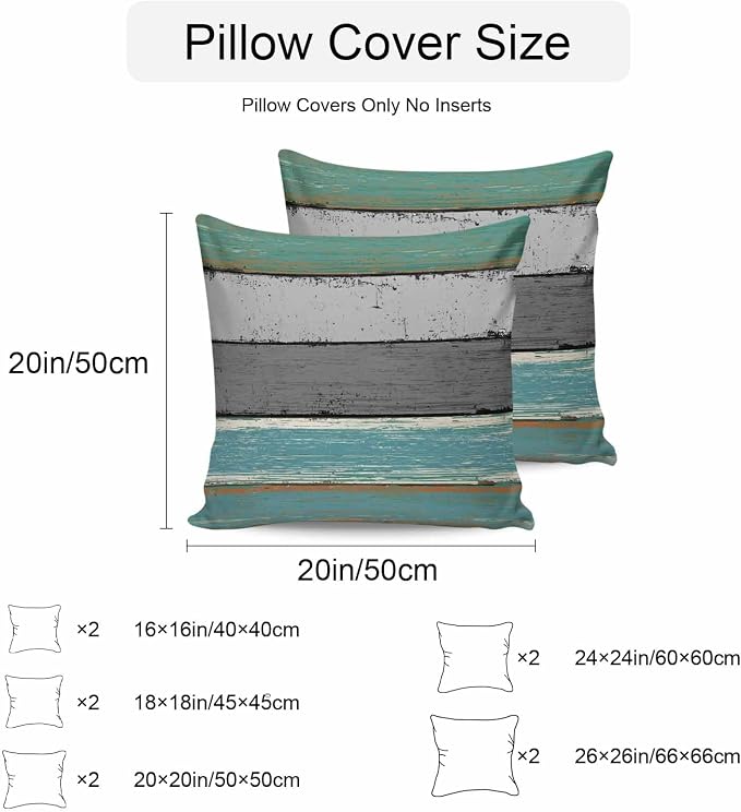 Outdoor Throw Pillow Covers 24X24 Set of 2 Waterproof Teal Green Gray Sea Decorative Zippered Cushion Covers for Patio Furniture, Farmhouse Retro Rustic Barn Wood Texture Lumbar Pillowcases