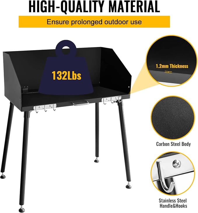 Carbon Steel Camp Cooking Table,30x16 Inch Dutch Oven Table,with Three-Sided Windscreen and Four Legs for Grill Travel Table Outdoor Picnic,Beach,BBQ,Backyards