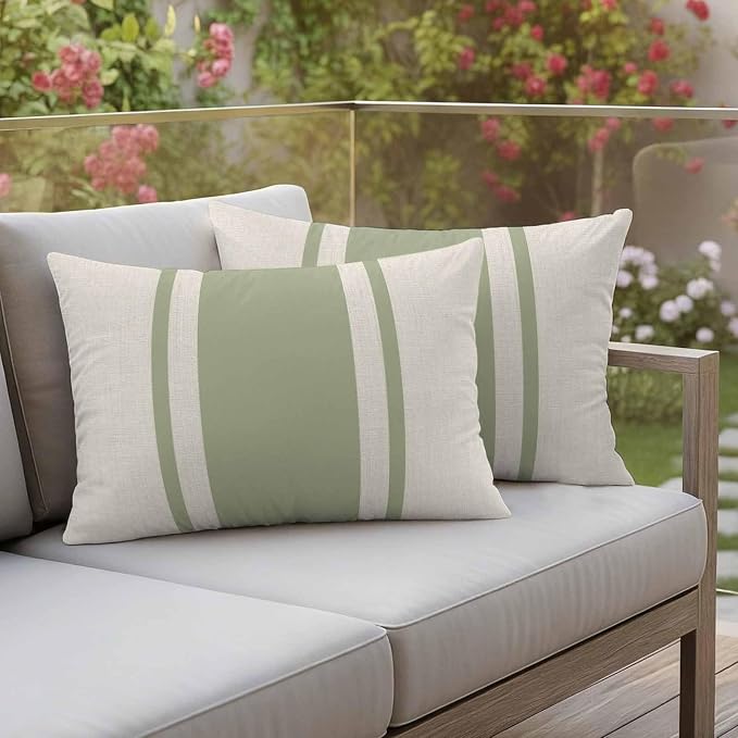 Abstract Gray Green Color Block Outdoor Pillow Covers Set of 2 Vintage Lines Linen Texture Waterproof Throw Pillow Cover Decorative Cushion Cases for Patio Porch Garden 20X12 Inch