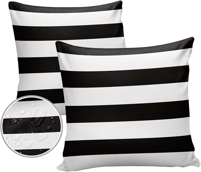Outdoor Pillows 18x18 Waterproof Outdoor Pillow Covers, Black White Stripes Polyester Throw Pillow Covers Garden Cushion Decorative Case for Patio Couch Decoration Set of 2, Geometric