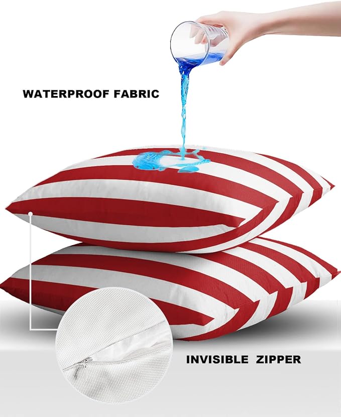Outdoor Pillows Christmas Stripes Red Waterproof Outdoor Pillow Covers Geometric Red White Polyester Throw Pillow Covers Garden Cushion Decorative Case for Patio Couch Decoration Set of 2
