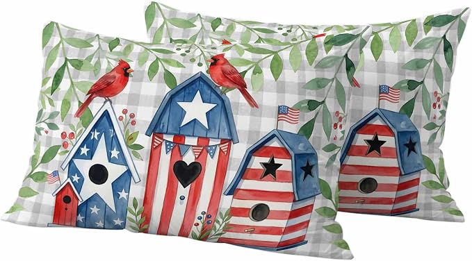 American Flag Bird House Outdoor Pillow Covers Waterproof, All Weather Cushion Case Set of 2, Green Eucalyptus Grey Plaid 250th Lumbar Pillowcase for Sofa Couch Bed Decor Patio Furniture 20"x12"
