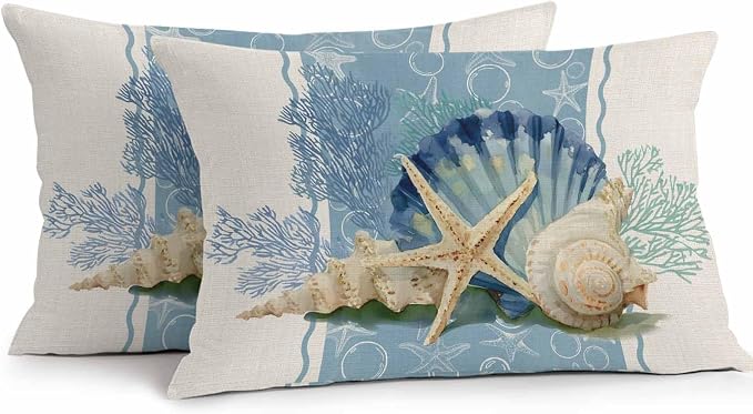 Coastal Oceans Waterproof Outdoor Pillow Covers Set of 2 Home Decor, Summer Beach Corals Shells Starfish Cotton Linen Pillowcase Patio Pillow Covers for Couch Bench Furniture Garden 20x12in