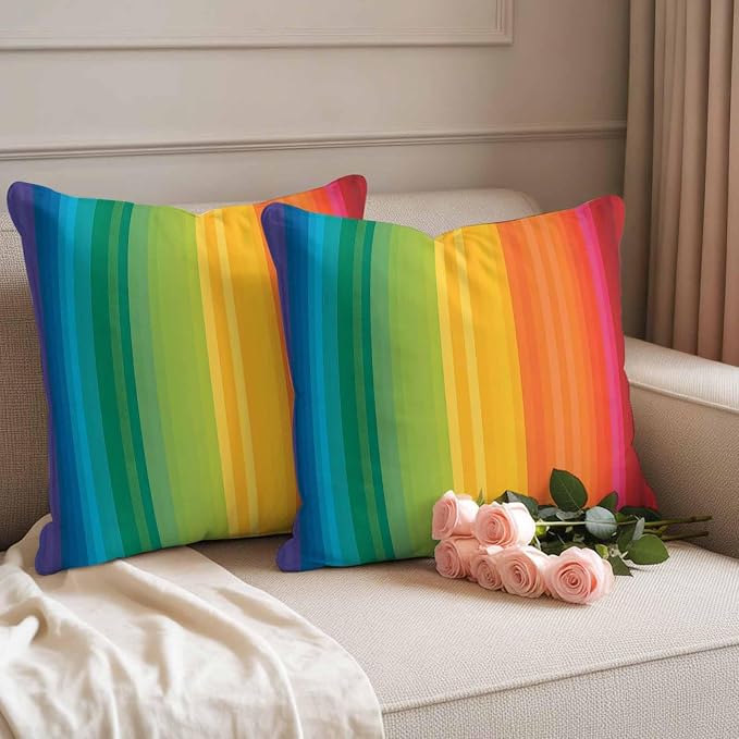 Colorful Stripes Rainbow Outdoor Pillow Covers 18x18in Pack of 2 Waterproof Pillowcase Watercolor Line Minimalist Geometric Decorative Throw Cushion Case for Patio Couch Sofa