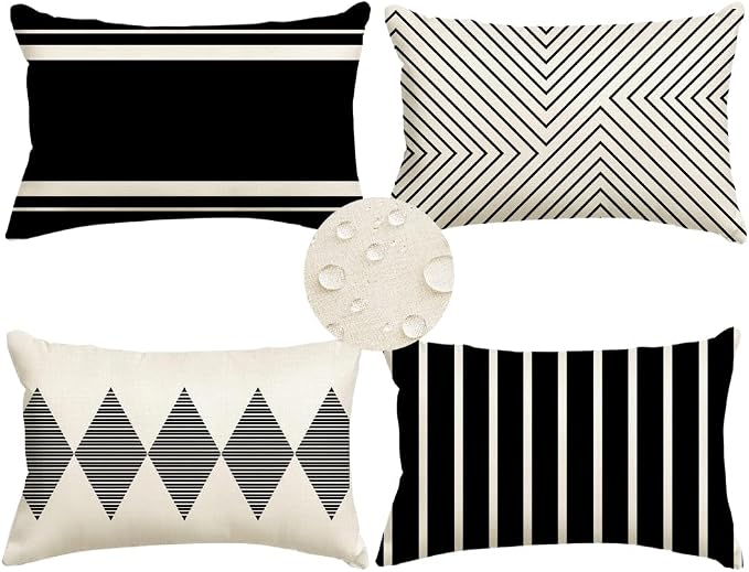 Outdoor Pillows Covers 12x20 Waterproof,Black and Beige Set of 4(No Insert) | for Covered Patio Furniture Sunbrella,No Insert Just Covers,Durable Polyester,Fit 12x20 inch Inserts or Smaller,Boho Lumbar