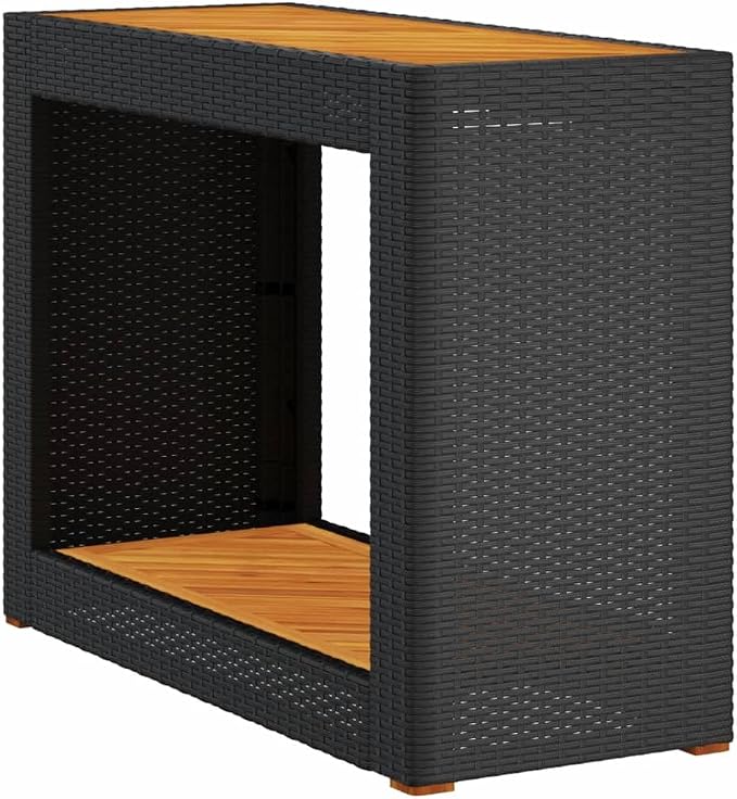 Outdoor Side Table with Acacia Wood Top and Poly Rattan Base, Rectangular Patio Accent Table for Garden, Balcony, and Terrace, 39.4 Inch Black Console