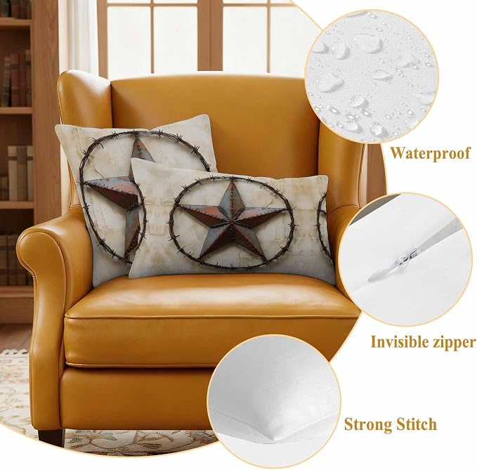 Texas Star Vintage Waterproof Outdoor Pillow Covers Set of 2 Home Decor, Abstract Country Stars Modern Pillowcase Patio Pillow Covers for Couch Bench Furniture Garden 26x26in