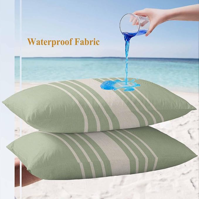 Lumbar Pillow Covers 20x12 Inch Set of 2, Sage Green Beige Striped Waterproof Outdoor Cushion Covers, Modern Farmhouse Retro Lines Decorative Pillowcases for Couch, Sofa, Bed, Garden, Patio