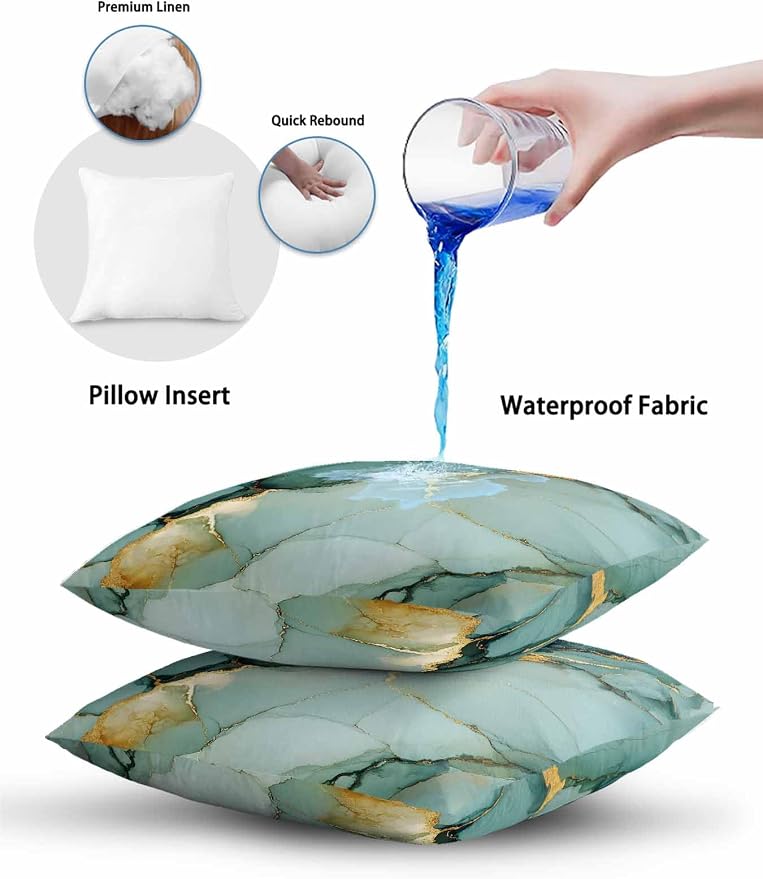 1 Pack Outdoor Throw Pillow, Teal Ombre Marble Waterproof Pillow with Insert Included, Modern Ink Painting Abstract Decorative Accent Cushion Sofa Pillows for Patio Porch, 16 x 16 in