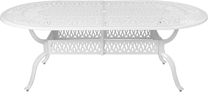 VIVIJASON Large Patio Dining Table, Outdoor Oval Dining Table Fits for 6-8 Person, White Cast Aluminum Rustic Patio Table with Umbrella Hole for Balcony, Porch and Deck