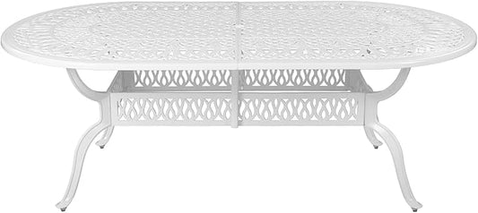 VIVIJASON Large Patio Dining Table, Outdoor Oval Dining Table Fits for 6-8 Person, White Cast Aluminum Rustic Patio Table with Umbrella Hole for Balcony, Porch and Deck