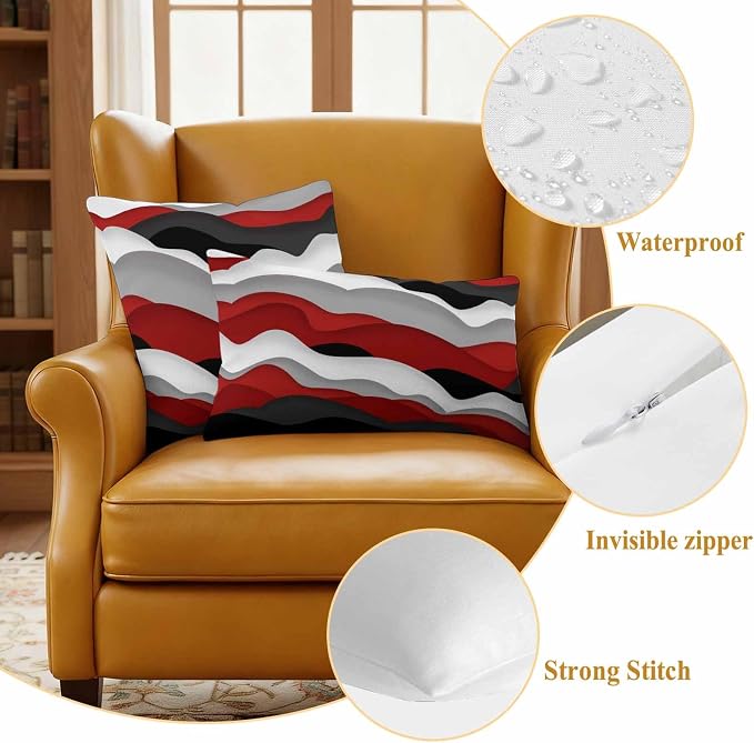 Ocean Waves Outdoor Waterproof Throw Pillow Covers Set of 2, 18"x18", Black Red Wave Gradient Decorative Pillow Covers Outside Cushion Case for Patio Porch Garden