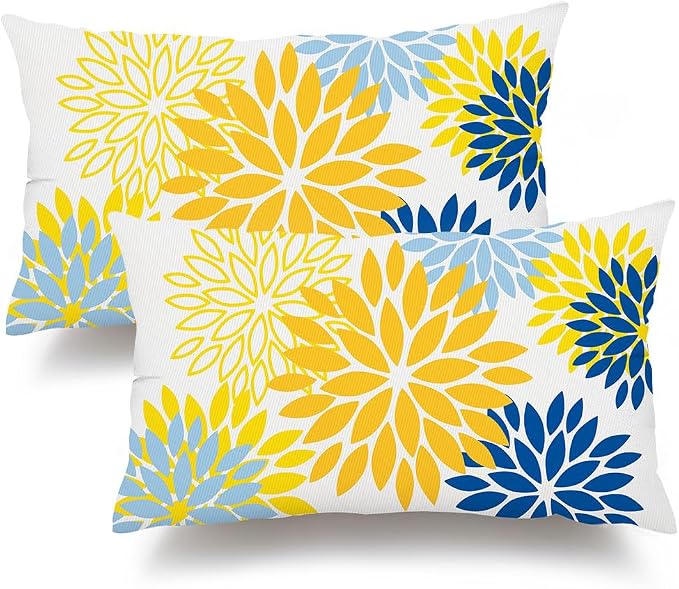 DFXSZ Outdoor Waterproof Pillow Covers 12x20 Set of 2 Yellow Blue Flower | Spring Summer Waterproof Flower Throw Pillowcases（No Inserts）Outdoor Decor for Patio Funiture Garden Polyester Covers