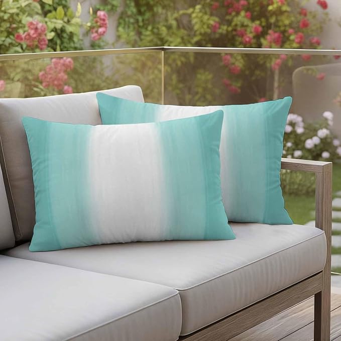 Teal Abstract Stripes Outdoor Pillow Covers 20"x12" Set of 2, Modern Teal White Gradient Waterproof Throw Pillow Covers for Patio Furniture, Decorative Cushion Covers for Porch