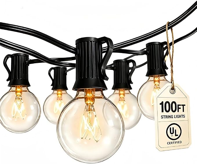 Abeja Outdoor String Light 100 Ft G40 Patio Lights with 105 Edison Glass Bulbs E12 Socket Base (5 Spare) Globe Clear Hanging Lights for Backyard Balcony Deck Party Decor, Not Connectable, Black