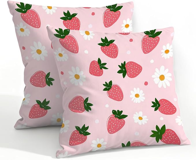 22x22 Inch Outdoor Pillow Covers Set of 2 Waterproof Throw Pillow Covers Decorative Couch Cushion Covers Pink Strawberries Daisy Square Pillowcases Protectors for Patio Garden Sofa
